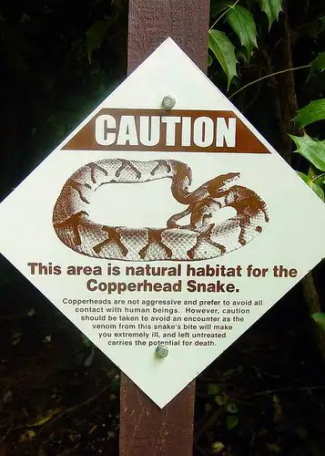 A sign warning against Copperheads